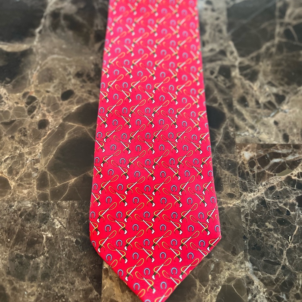 Salvatore Ferragamo Silk Tie Horseshoe Riding Crop Equestrian Novelty Red - Picture 5 of 10